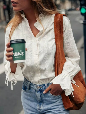 White Embroidered Flounce Sleeve Shirt