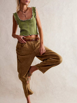 Avocado green ribbed tank top with lettuce trim and square neckline.