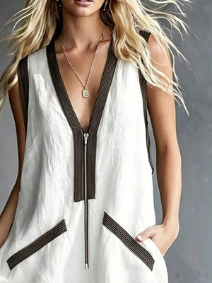 Sky Blue V-neck Zipper Front Romper With Contrast Trim