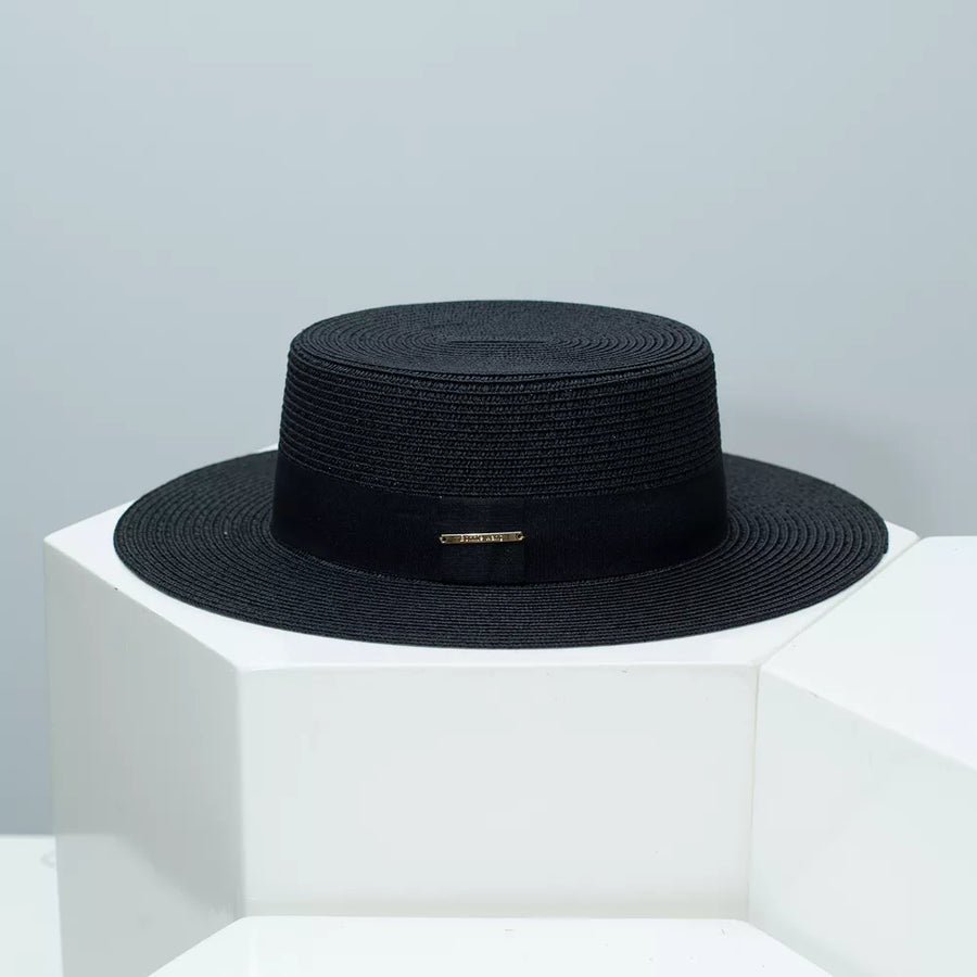 Black straw boater hat with elegant band and gold detail