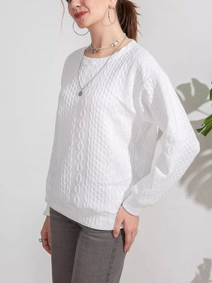 White with Textured Knit Crewneck Sweatshirt in White