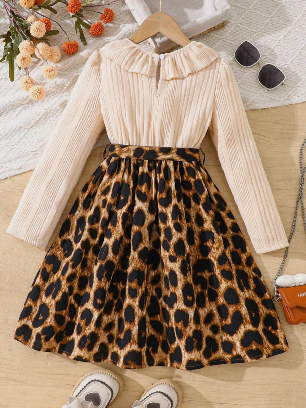Baby apricot long sleeve dress with leopard print skirt and ruffle collar