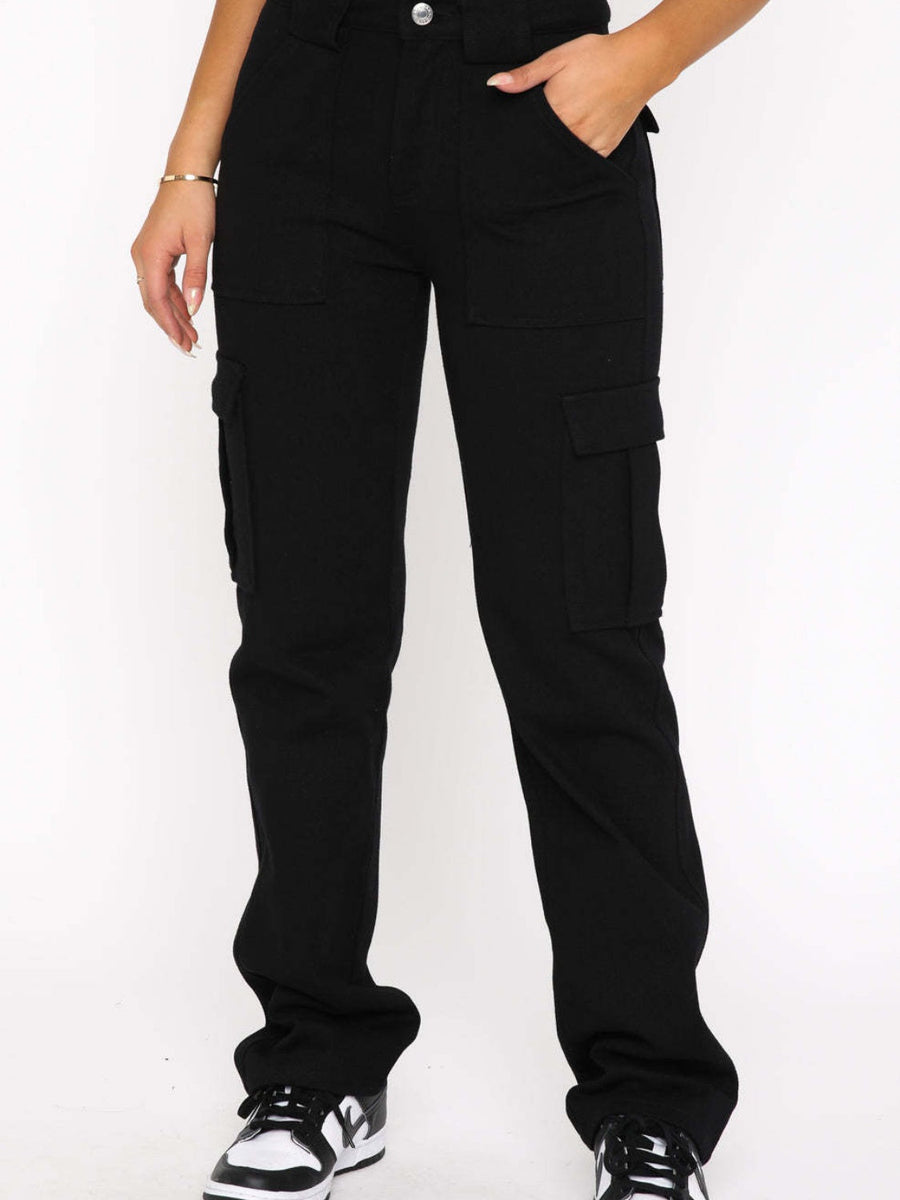 Black straight leg cargo trousers with multiple utility pockets.
