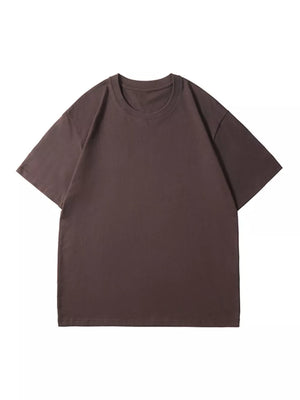 Brown 100% cotton crew neck t-shirt with short sleeves.