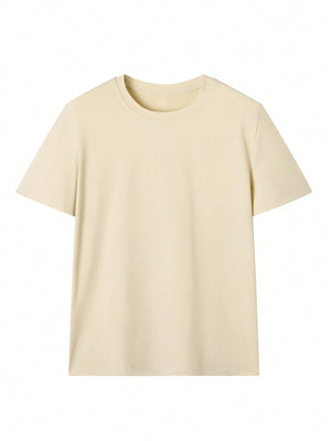 Tan crewneck t-shirt with short sleeves and a relaxed fit.