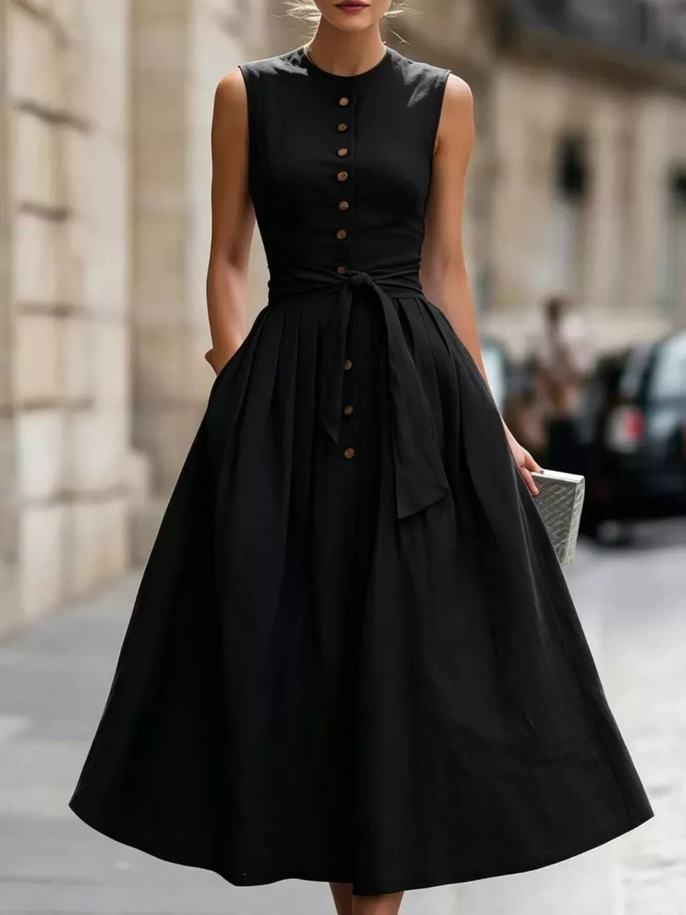 Burgundy Sleeveless Button-front Belted Midi Dress Plus Size