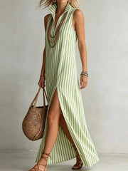 Full Size Striped Maxi Dress With High Slit in Red