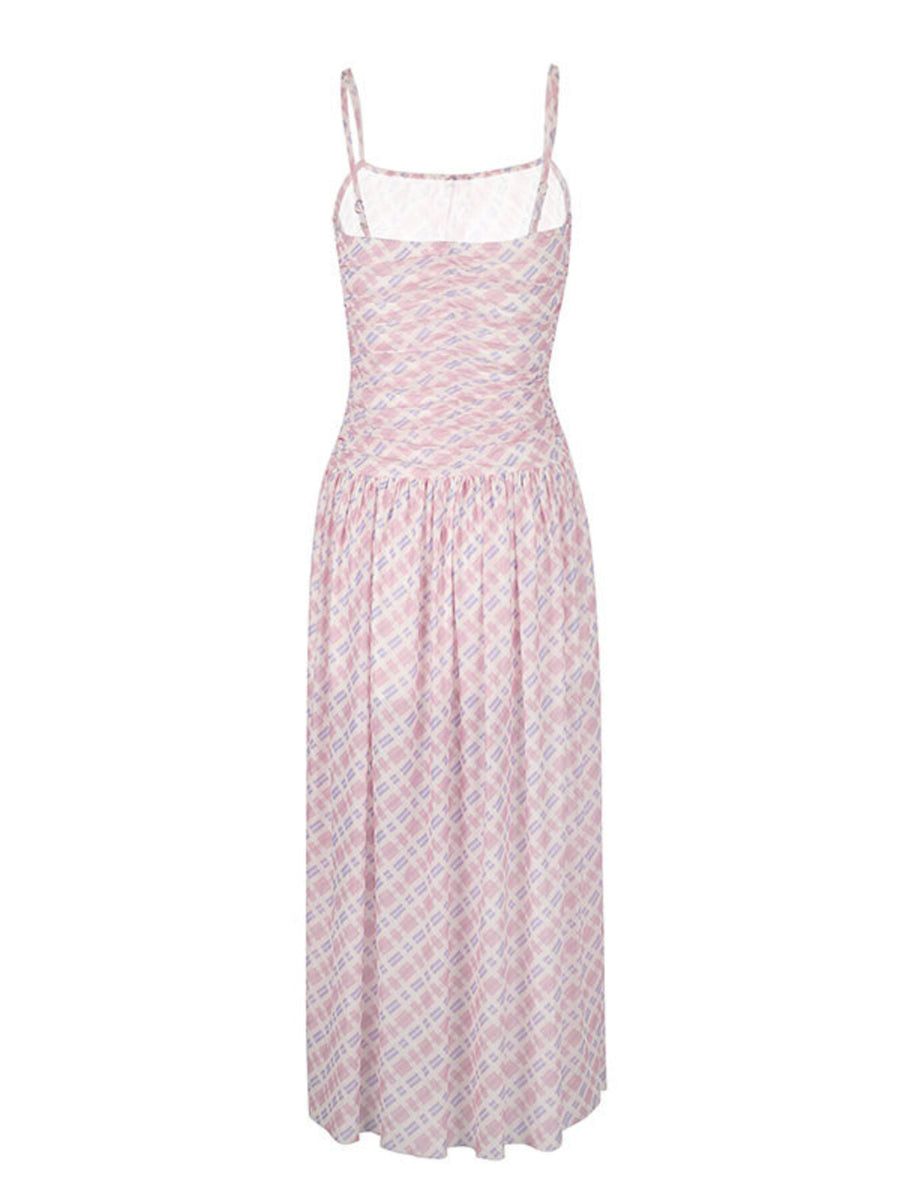Ruched tied maxi dress in pink and purple plaid, with spaghetti straps and A-line cut.