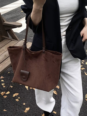 Large caramel brown suede tote bag shopper with leather tab detail