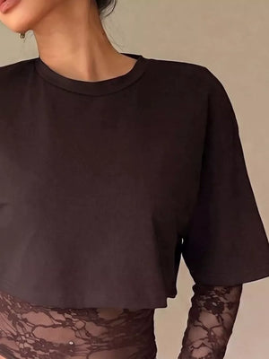 Lace Patchwork Short Sleeve T-shirt in White