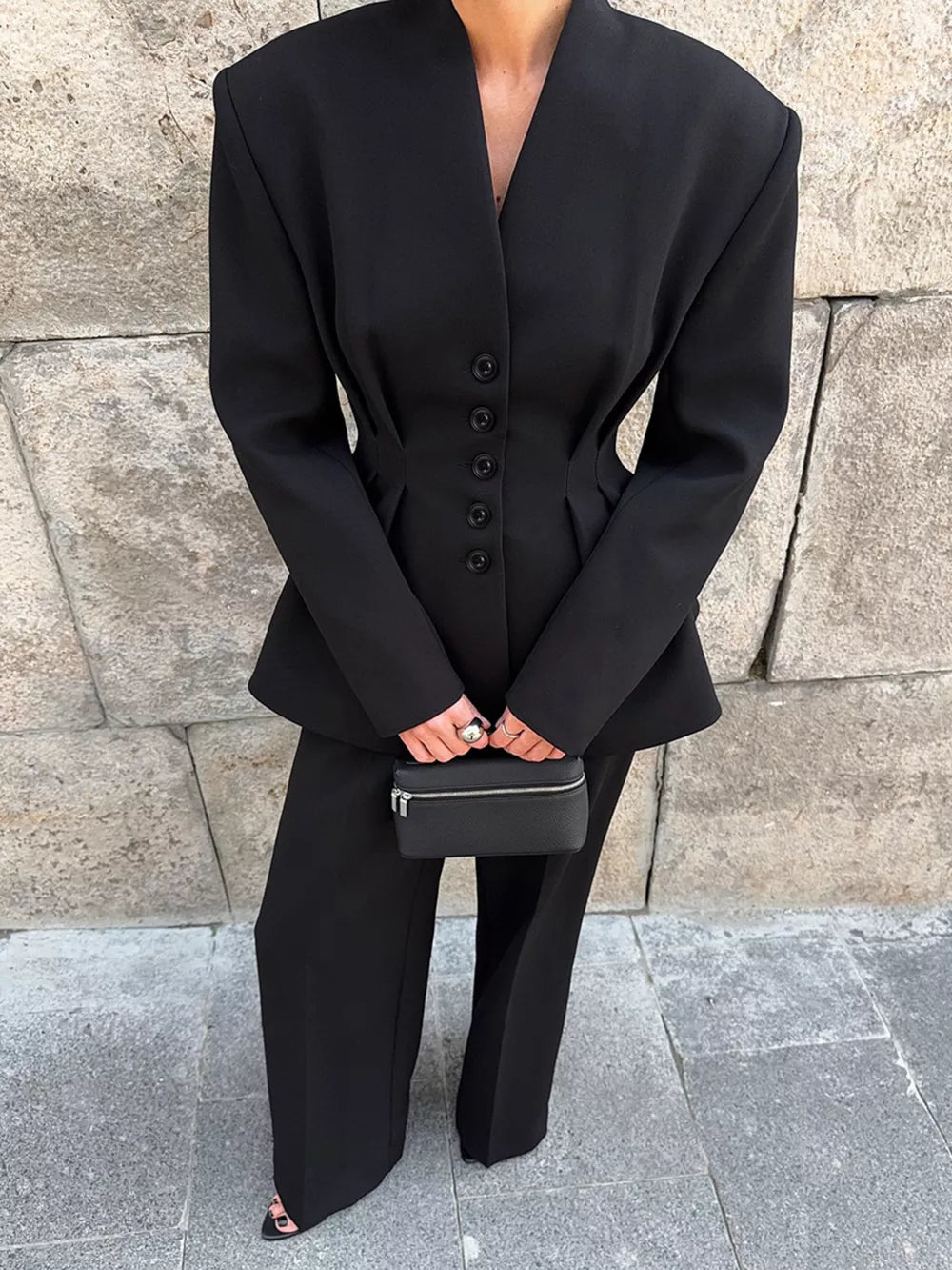 Button Down Pleated Blazer And Wide-leg Pants Set in Black
