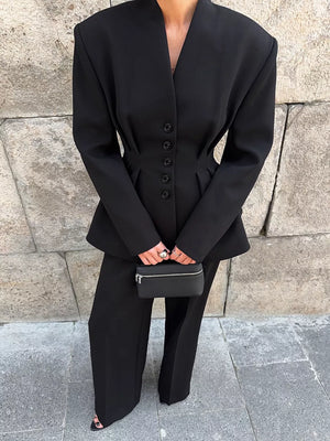 Button Down Pleated Blazer And Wide-leg Pants Set in Black