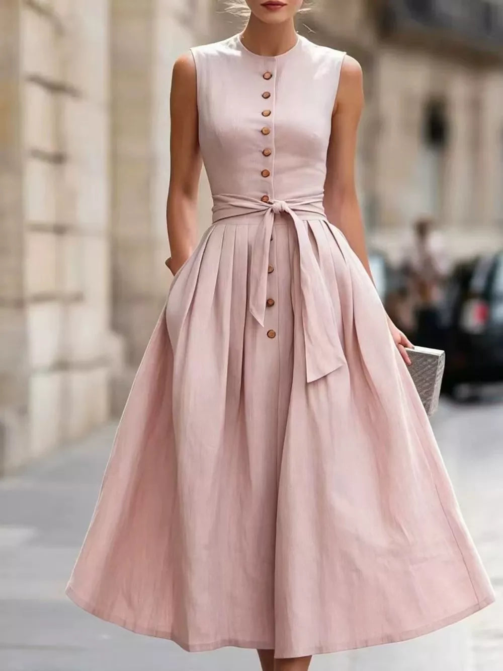 Dark Green Sleeveless Button-front Belted Midi Dress Plus Size