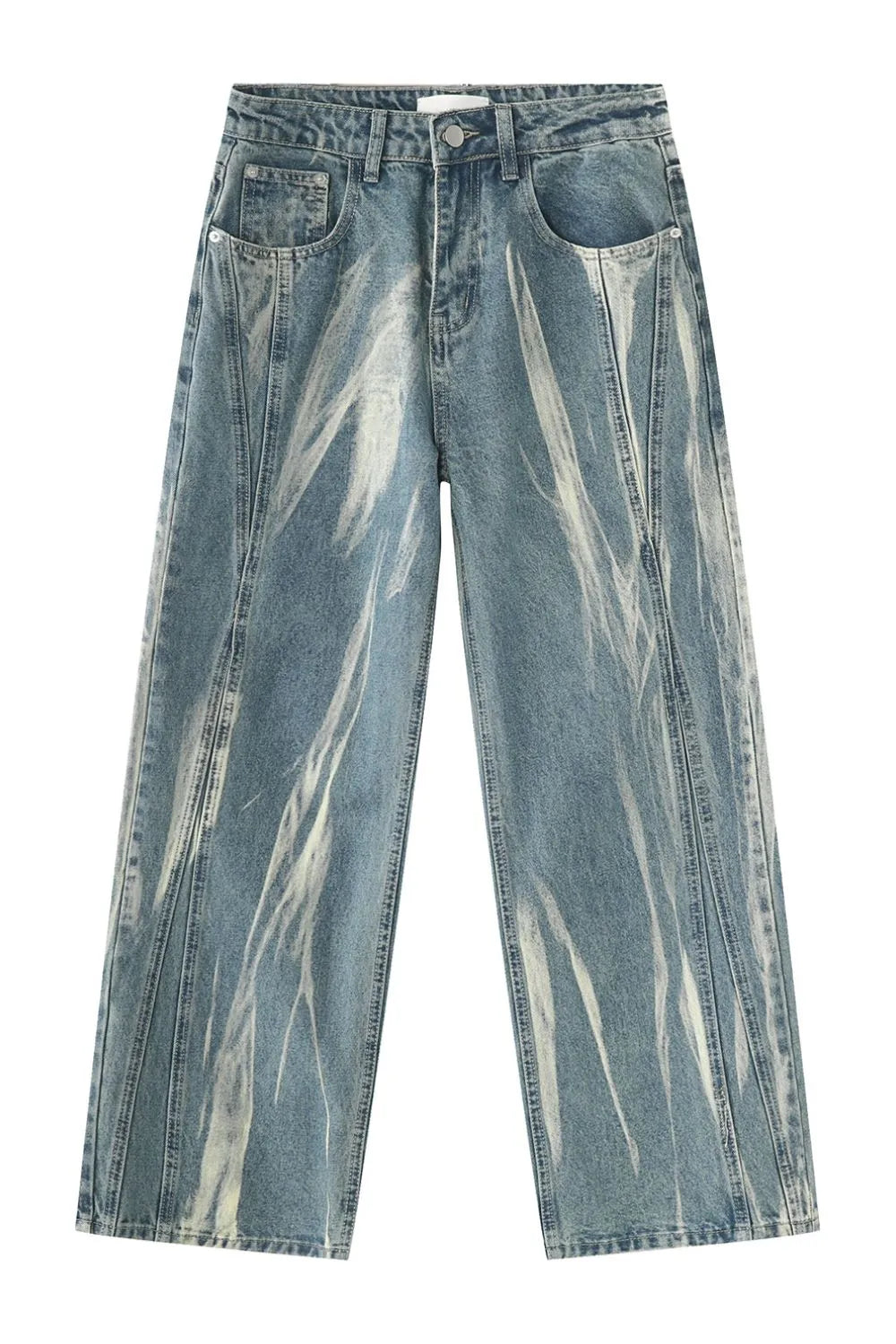 Bleached wash wide leg denim jeans with a distressed pattern.