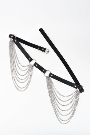 Black leather waist harness with cascading silver chains and silver hardware.