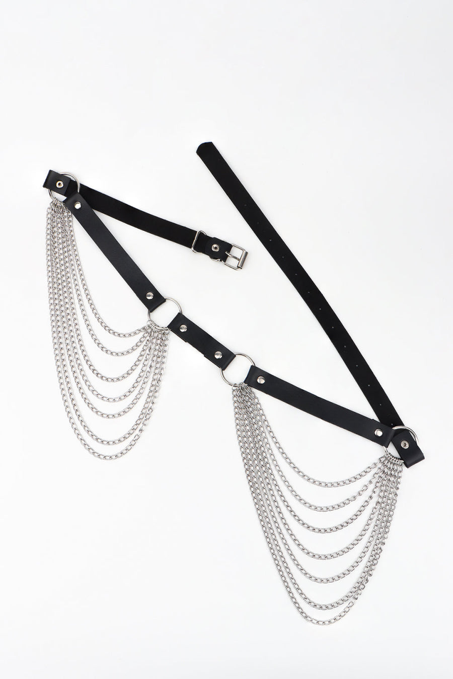Black leather waist harness with cascading silver chains and silver hardware.
