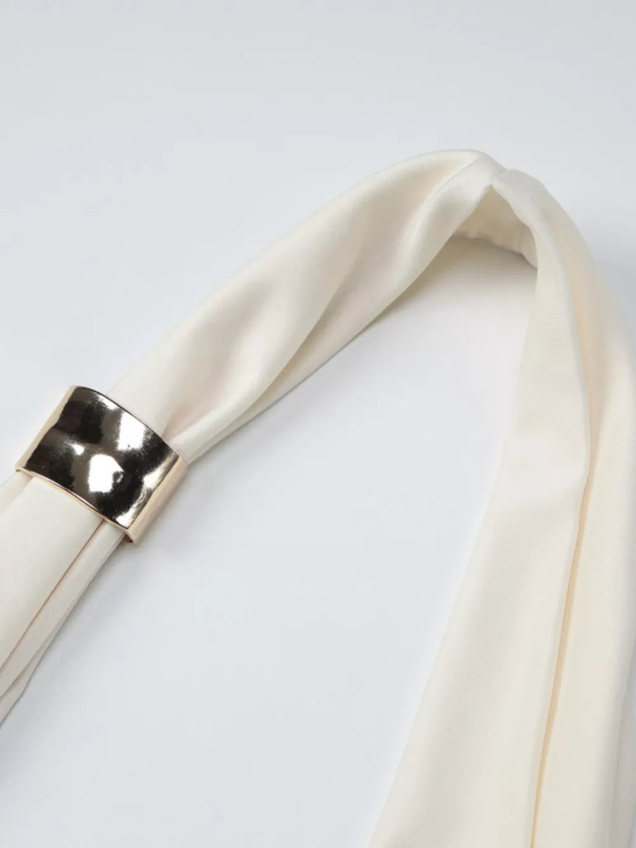 Apricot cowl neck tank top with ruched detail and gold ring accent.