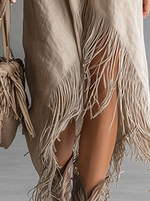 Zipper-Front Fringe Hem Midi Dress in ivory