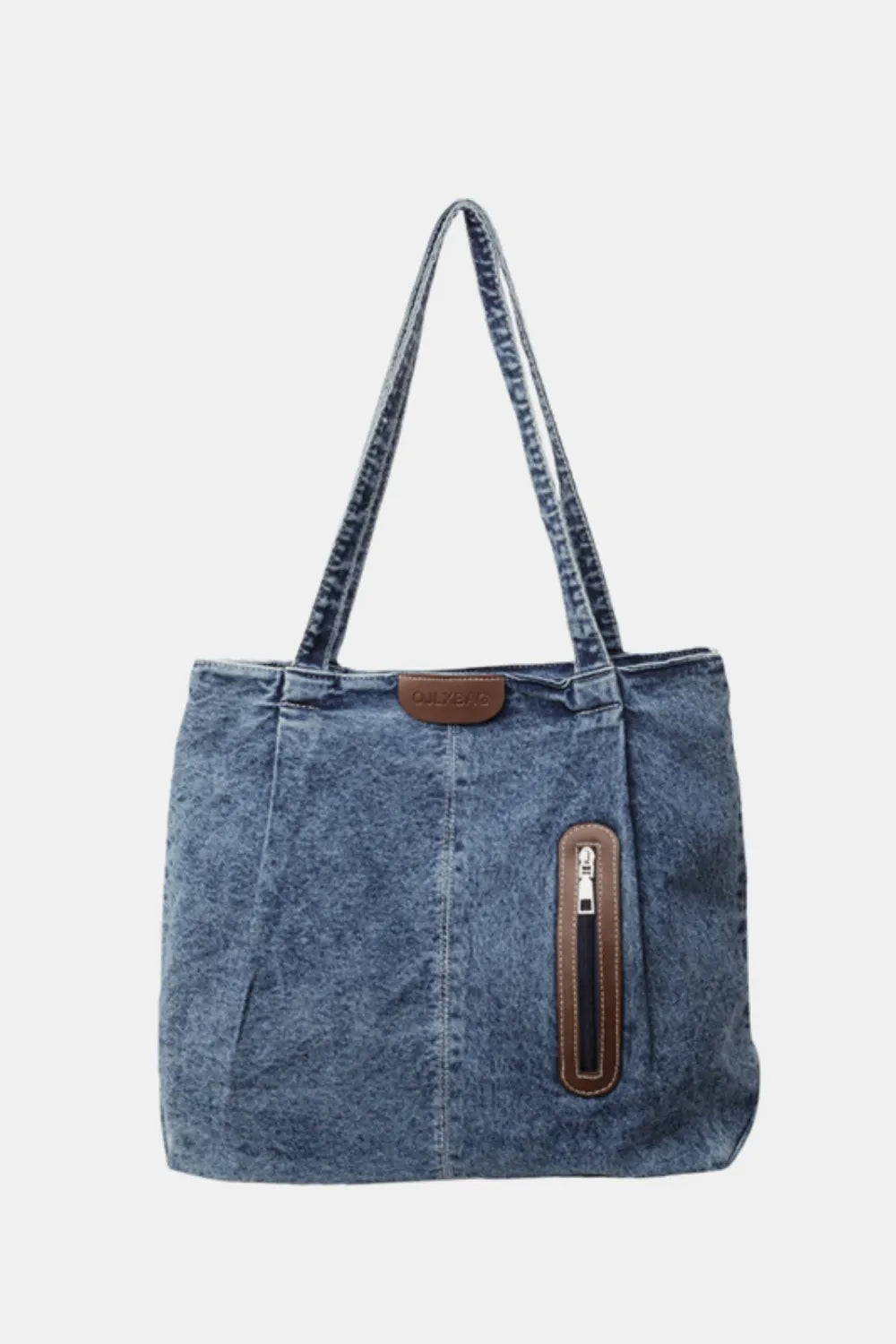 Denim shopper tote bag with leather trim and zip pocket in medium blue wash