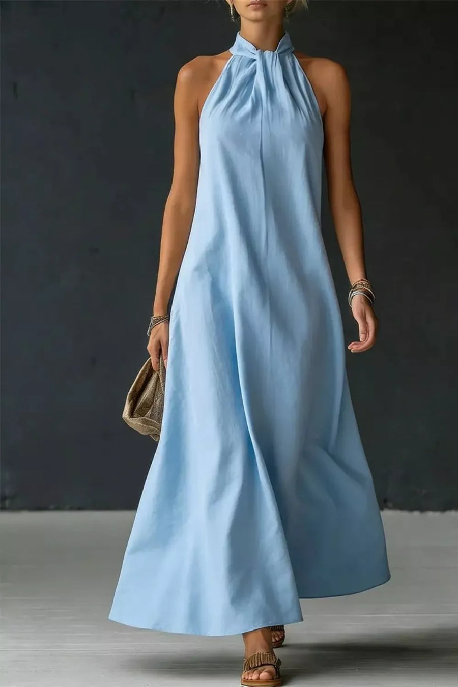 Light blue cotton blend maxi dress with twisted halter neckline and a-line cut