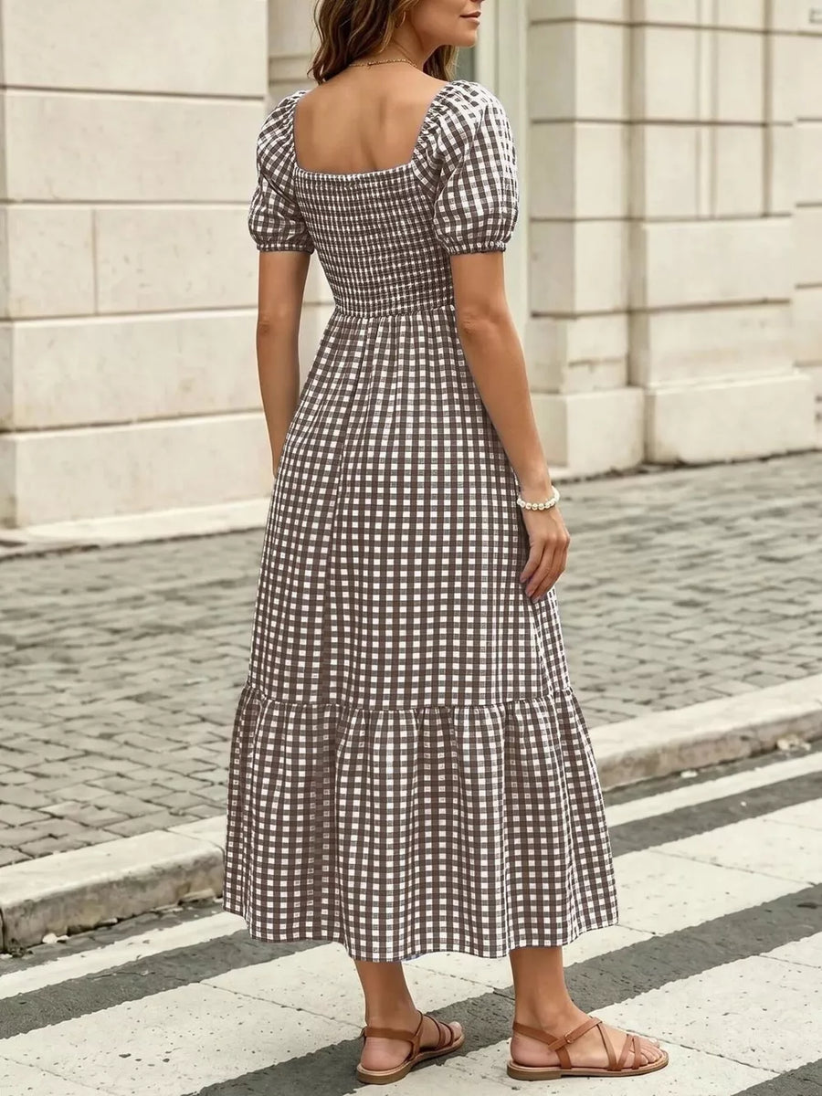 midi dress in Brown with smocked and midi