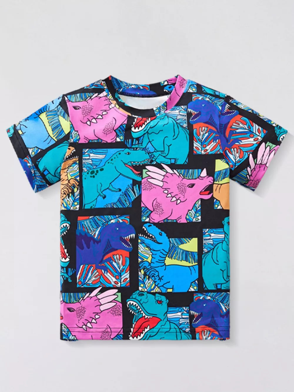 Kids' graphic t-shirt with colorful dinosaur print, short sleeves, crew neck.