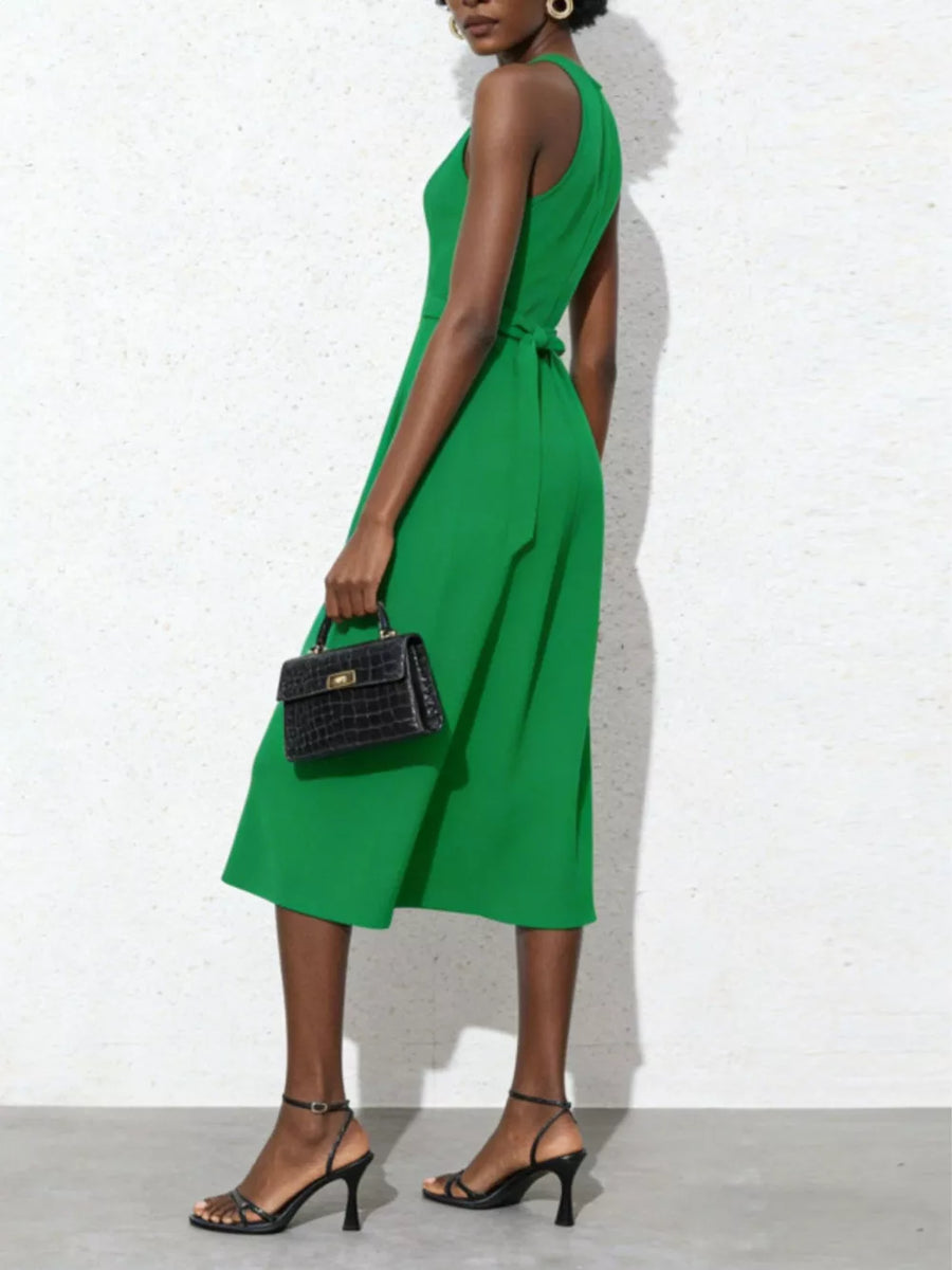Green midi dress with tie-waist and A-line skirt, sleeveless, round neck