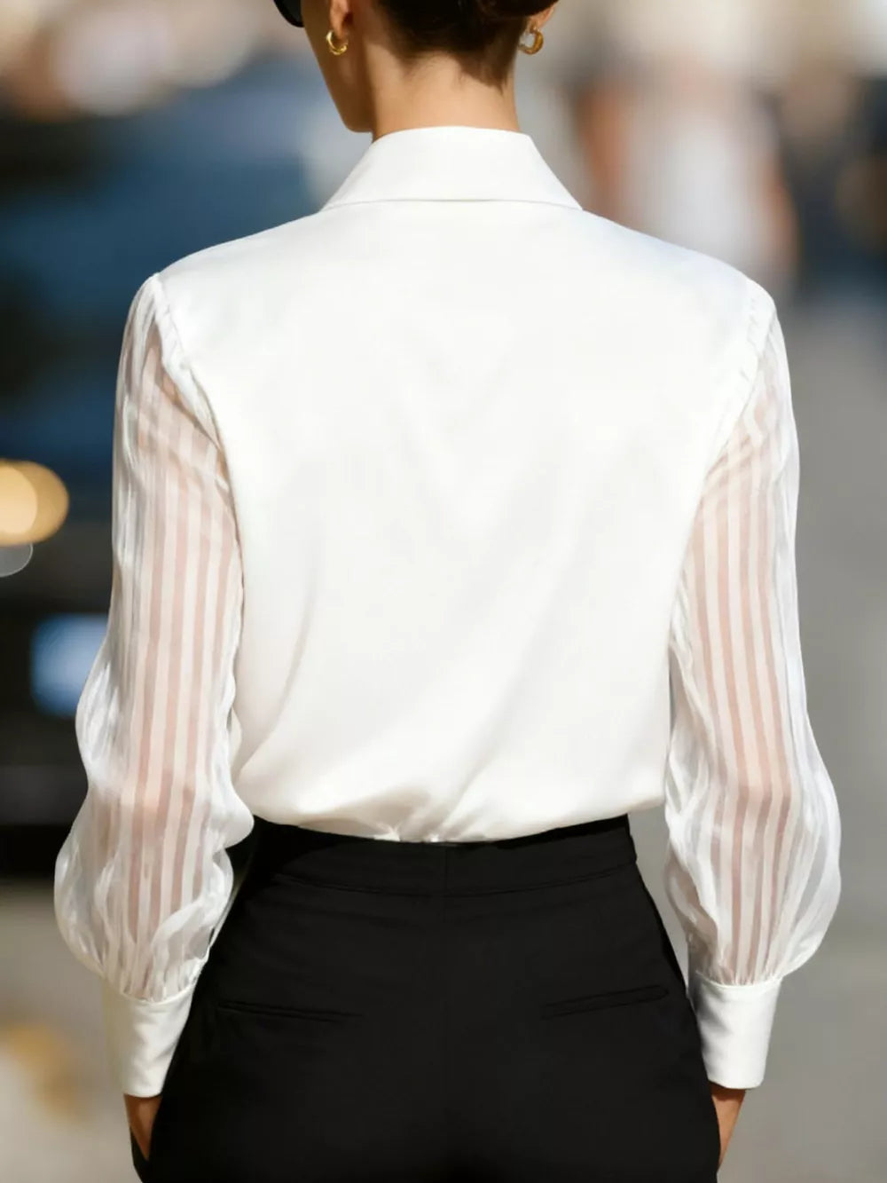 Navy Elegant Shirt With Sheer Striped Sleeves