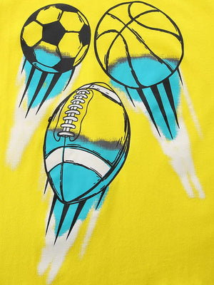 Yellow cotton crew neck t-shirt with graphic of soccer, basketball, and football.
