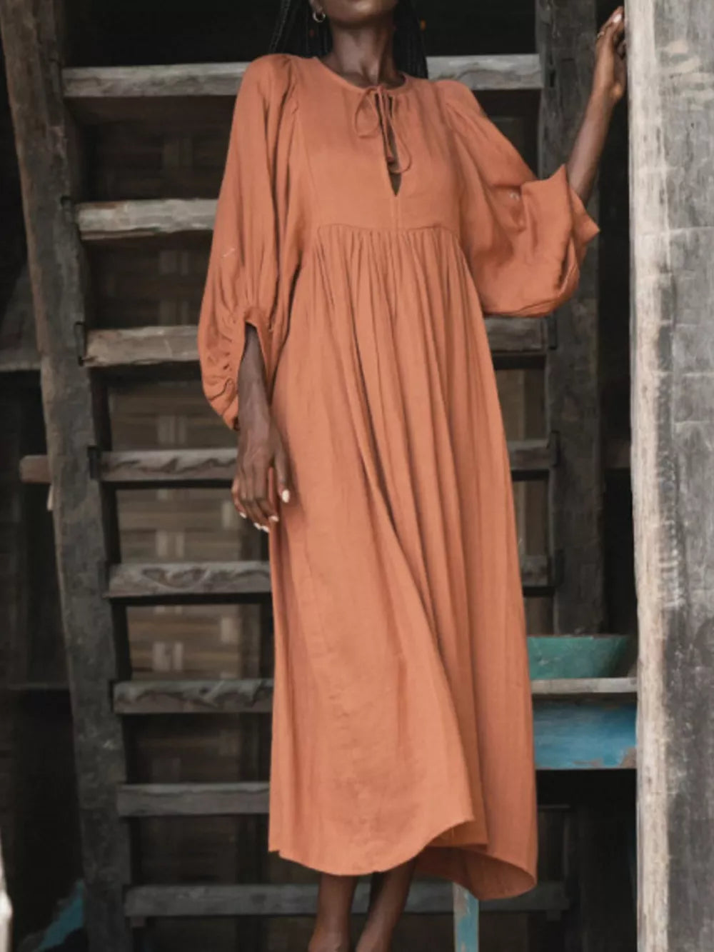 Amber tie-neck midi dress with puff sleeves and gathered waist