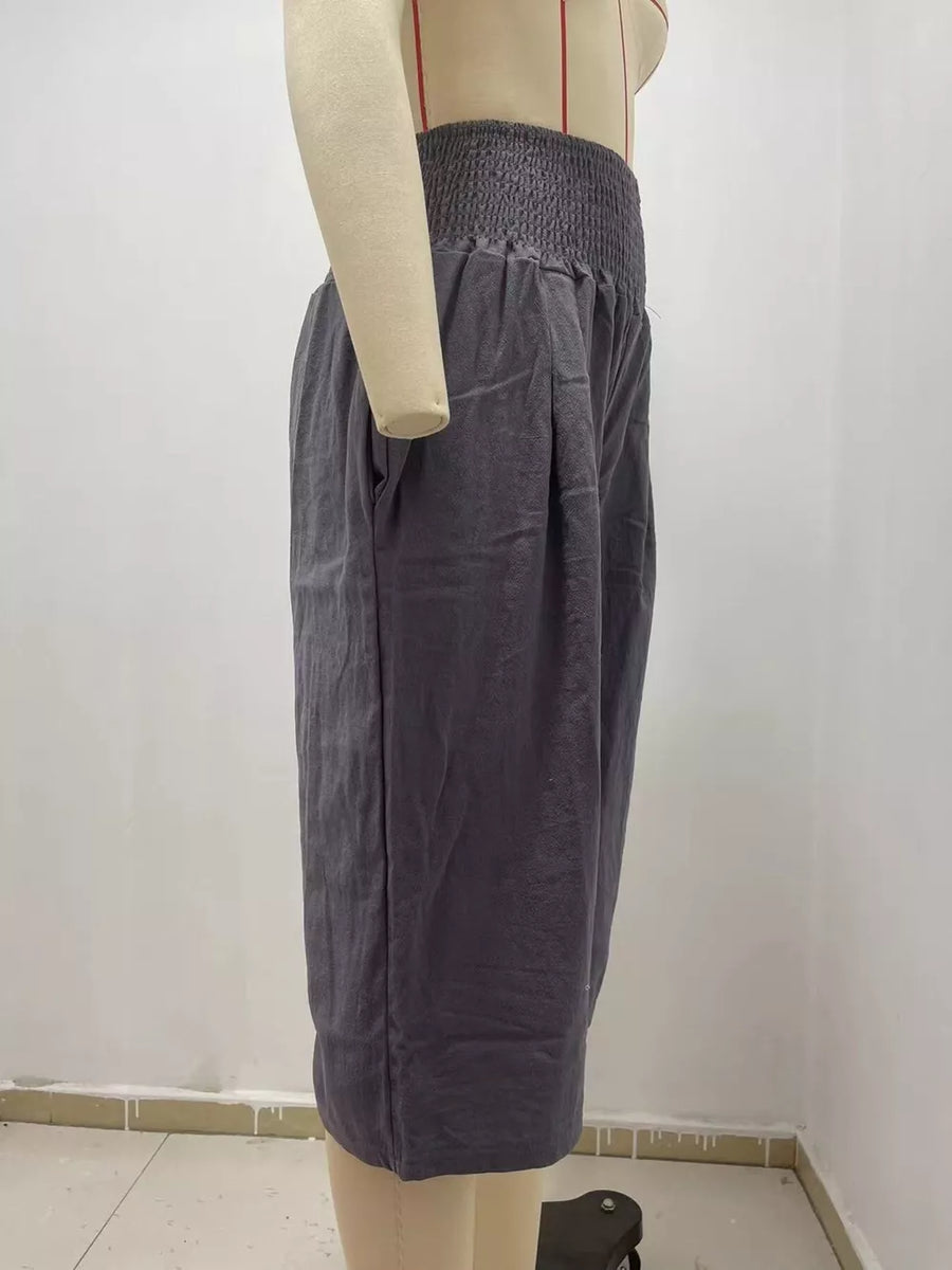 Grey linen blend culottes with smocked waist and side pockets
