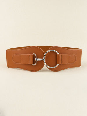 Caramel elastic cincher belt with silver D-ring buckle detail