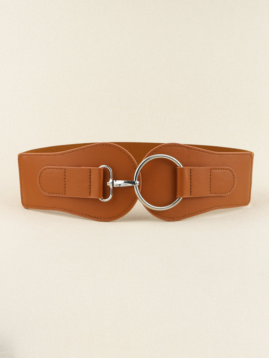 Caramel elastic cincher belt with silver D-ring buckle detail