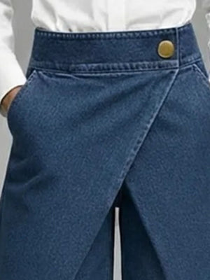 High-Waisted Wrap-Front Denim Look Shorts in medium blue with buttoned