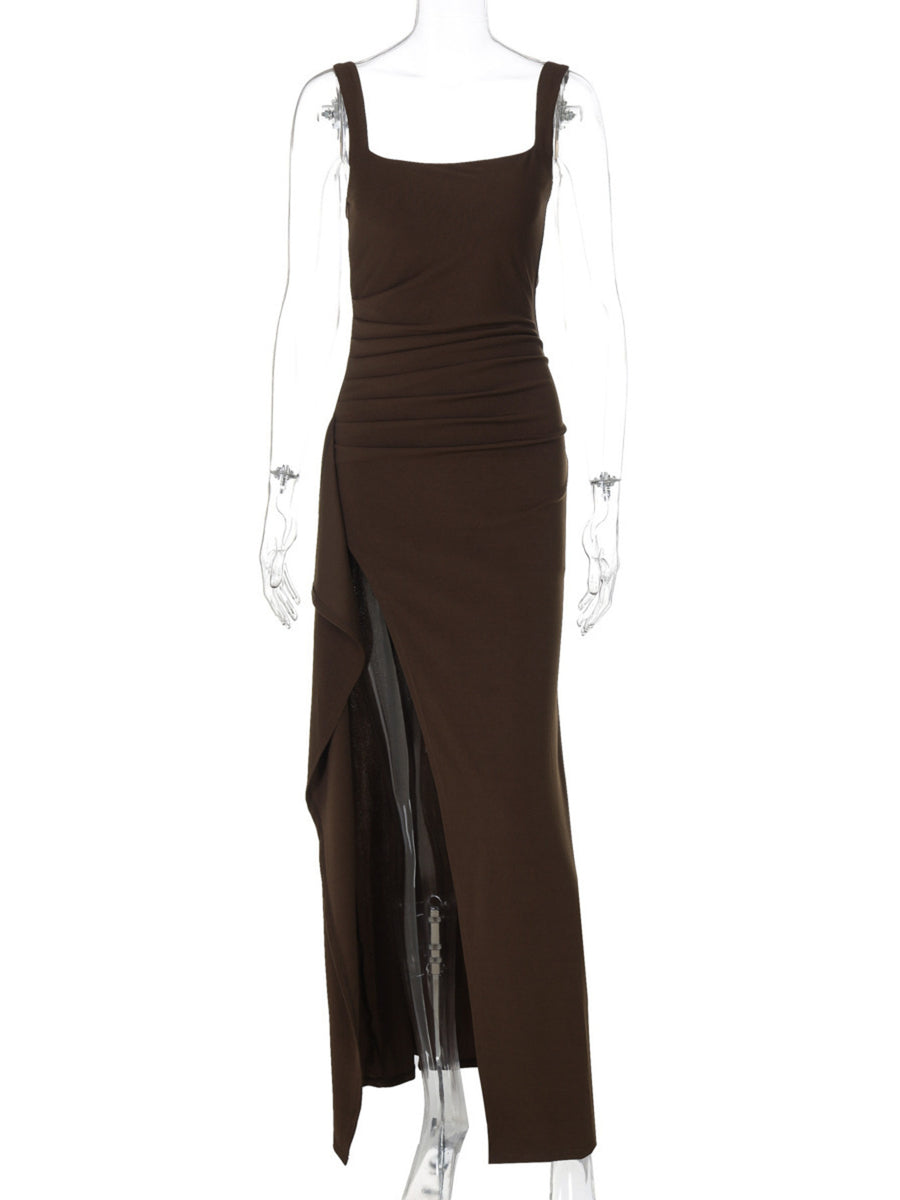 Yellow maxi dress with side slit and spaghetti strap