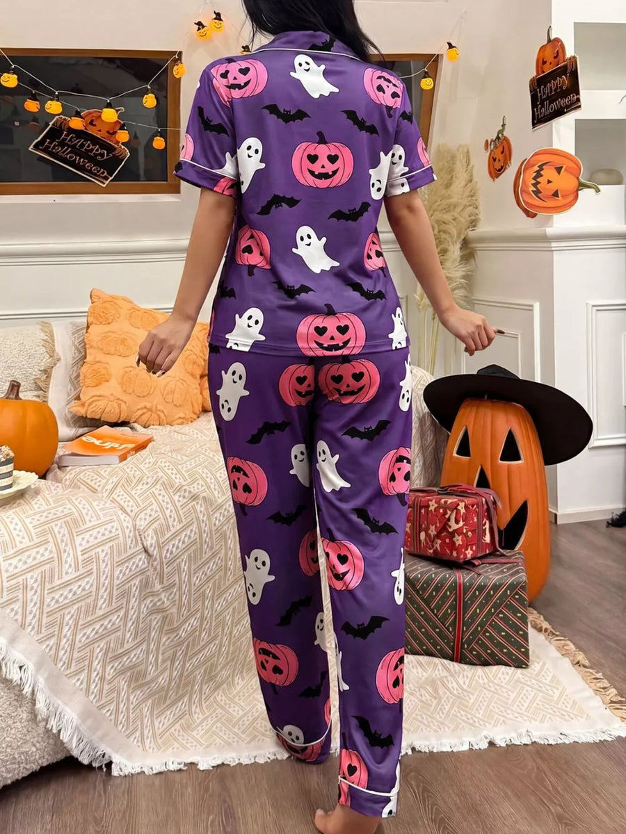 Halloween Pumpkin Print Button-down Top And Pants Set in White with two-piece
