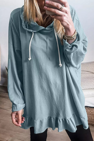 Light Blue Solid Ruffled Hem Loose Fit Tunic Hoodie