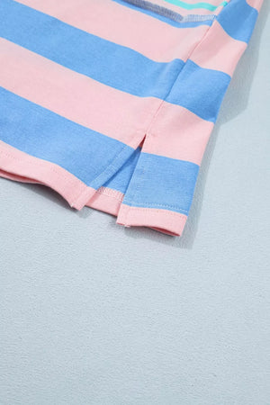 Striped t-shirt in pink and blue cotton with side slits