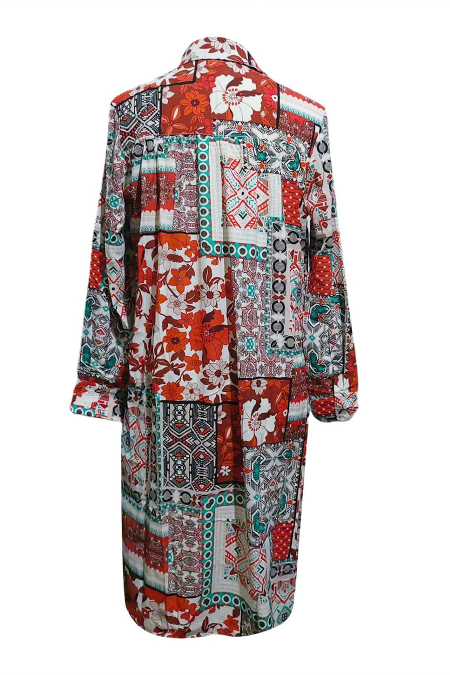 Patchwork print duster shirt jacket with button front and long sleeves.
