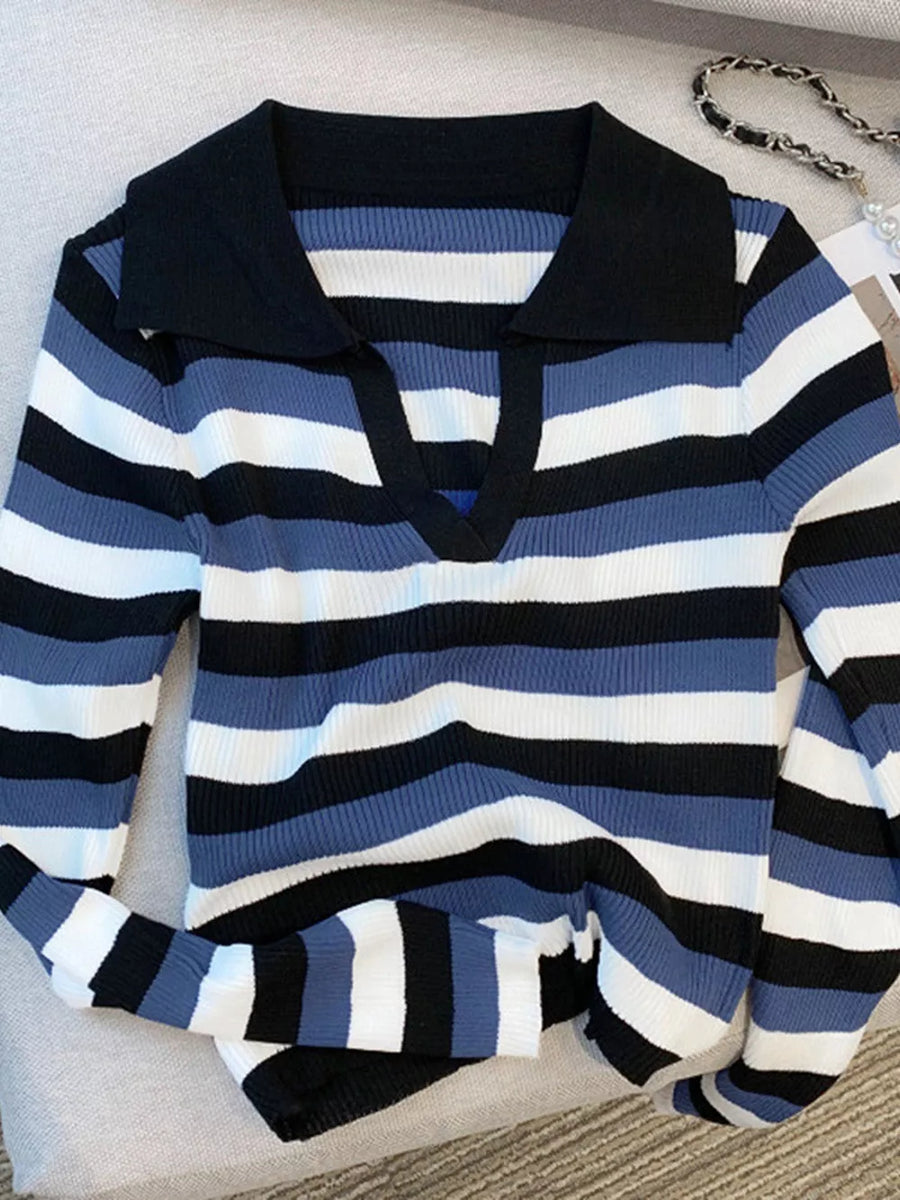 Striped Collared Cropped Knit Top option 8