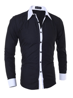 Men's black slim fit long sleeve shirt with white collar and cuffs
