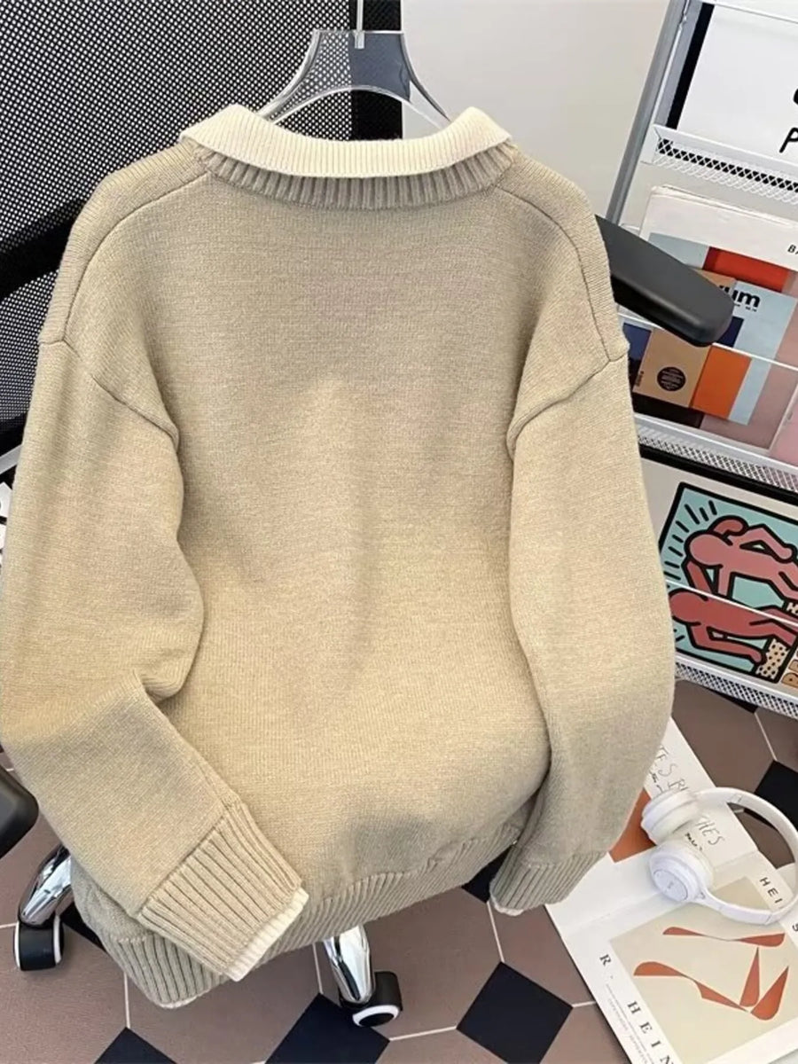 Khaki ribbed hem long-sleeve sweater with a contrasting cream collar.