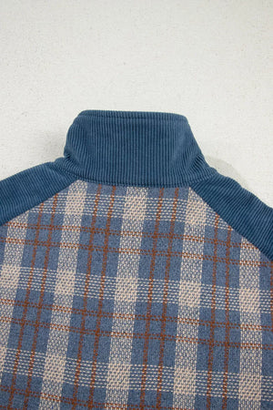 Plaid Corduroy Patchwork Zip Snap Jacket in Plaid with pocketed