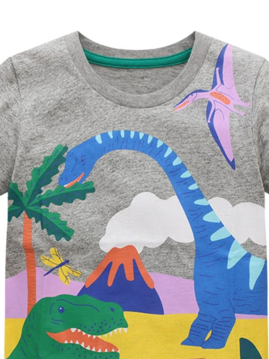 Toddler crew neck t-shirt in dark gray with a colorful dinosaur landscape print.