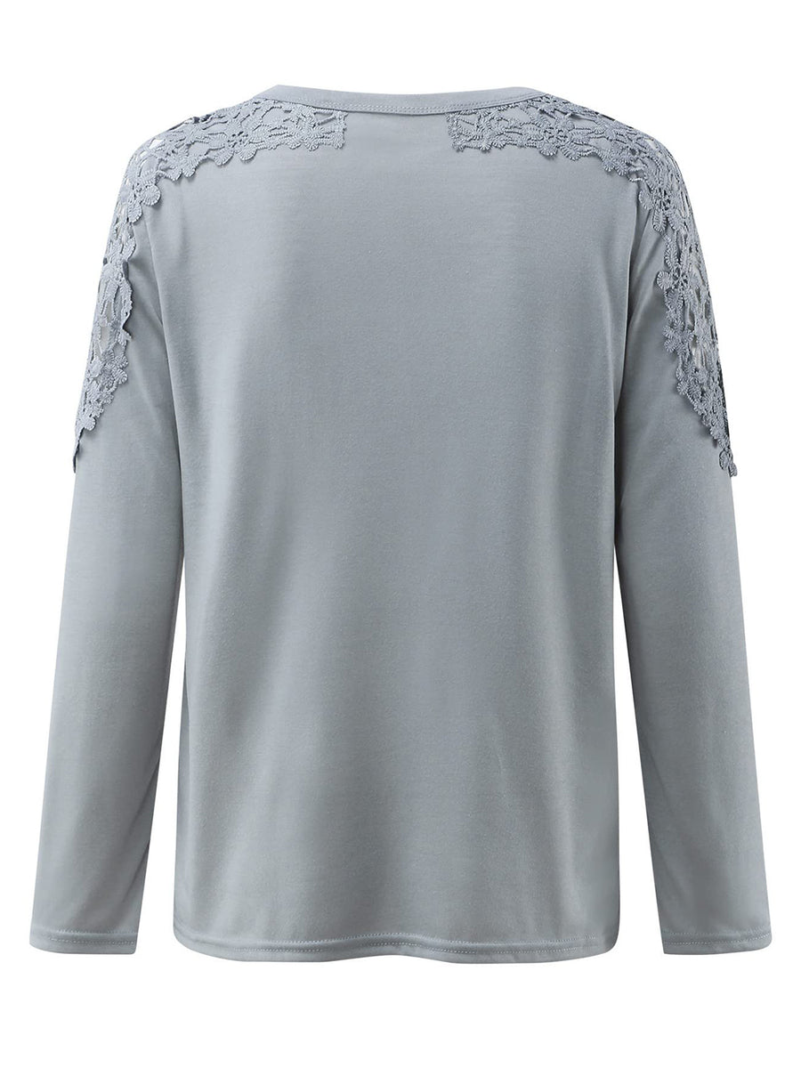 Light Gray long sleeve top with lace yoke and sleeve detail