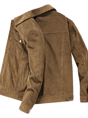 Classic corduroy button-down jacket in coffee, cotton fabric, with chest pockets and button cuffs.