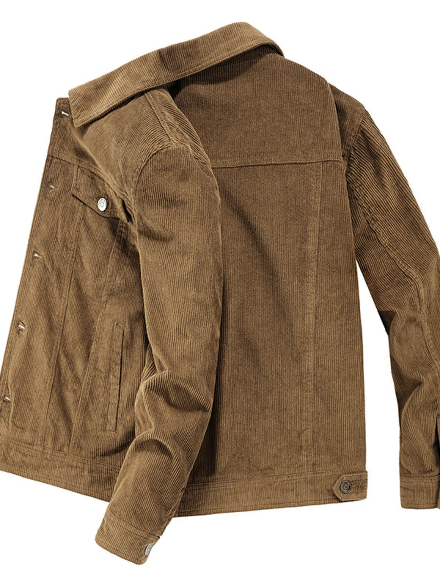 Classic corduroy button-down jacket in coffee, cotton fabric, with chest pockets and button cuffs.