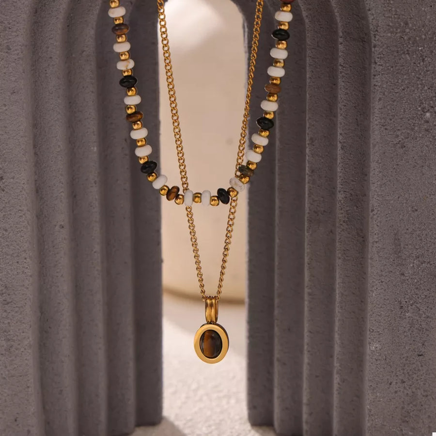 18K Gold-Plated, Natural stone, Titanium Steel, Tiger&amp necklace in black with layered silhouette