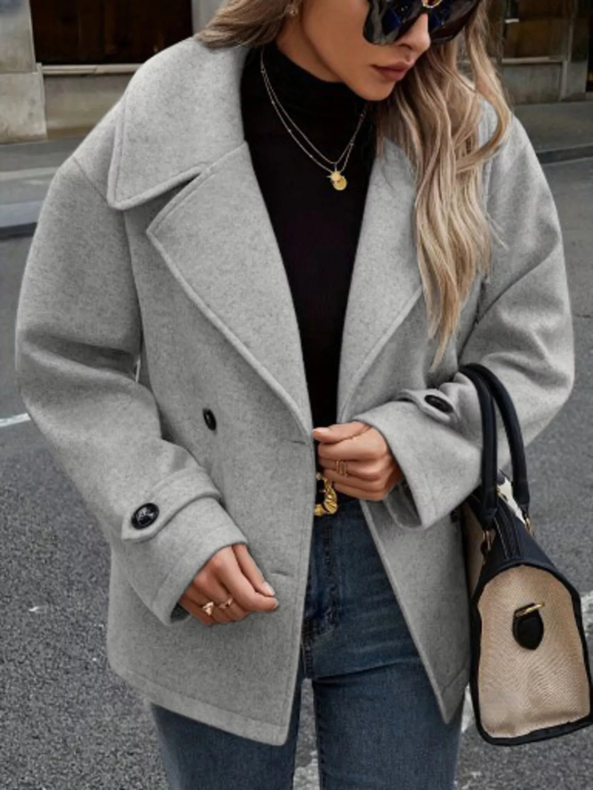 Light gray double-breasted wool blend pea coat with button details