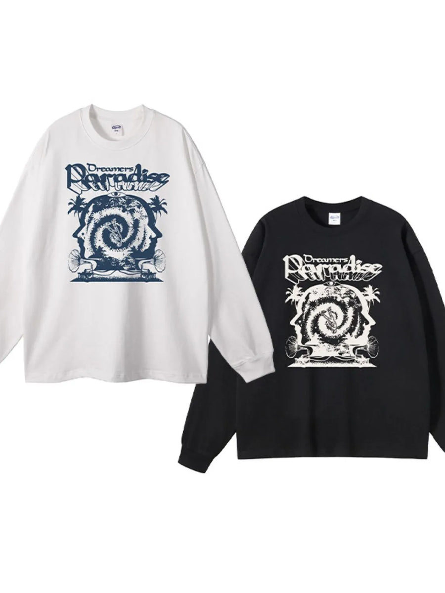 Dreamers Paradise graphic tee in white and black, featuring a bold graphic print on the chest.